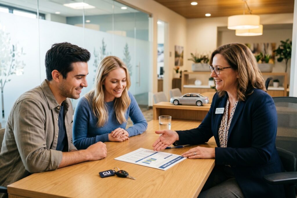 Side-by-side comparison of credit union and bank auto loan rate documents on a desk