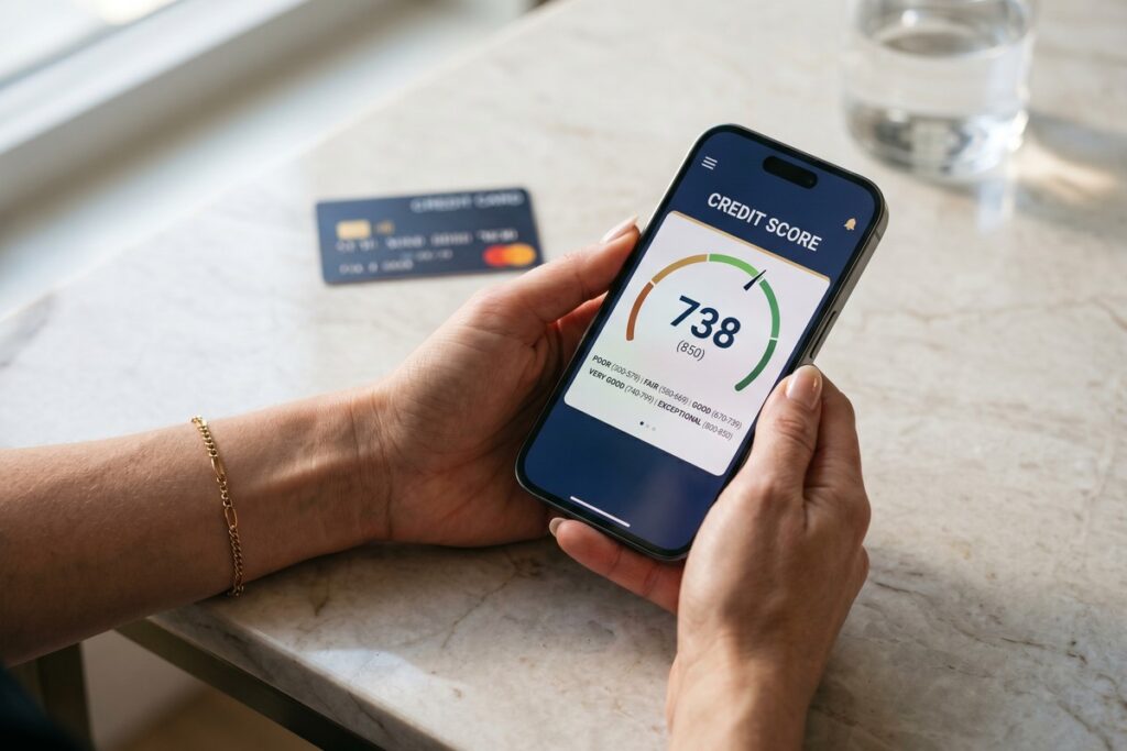 Person reviewing credit utilization ratio on a financial dashboard with credit score meter