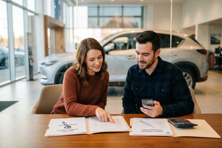 Car buyer comparing dealer vs bank financing options at a dealership
