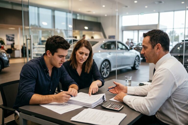Car buyer reviewing financing paperwork at a dealership with a salesperson