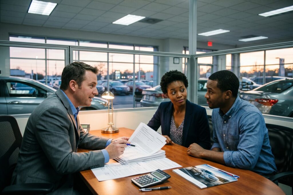 Car dealership finance manager explaining in-house financing terms to a buyer at a desk