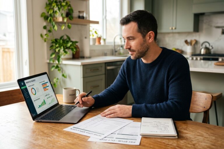 Person calculating debt to income ratio on a calculator with financial documents on a desk