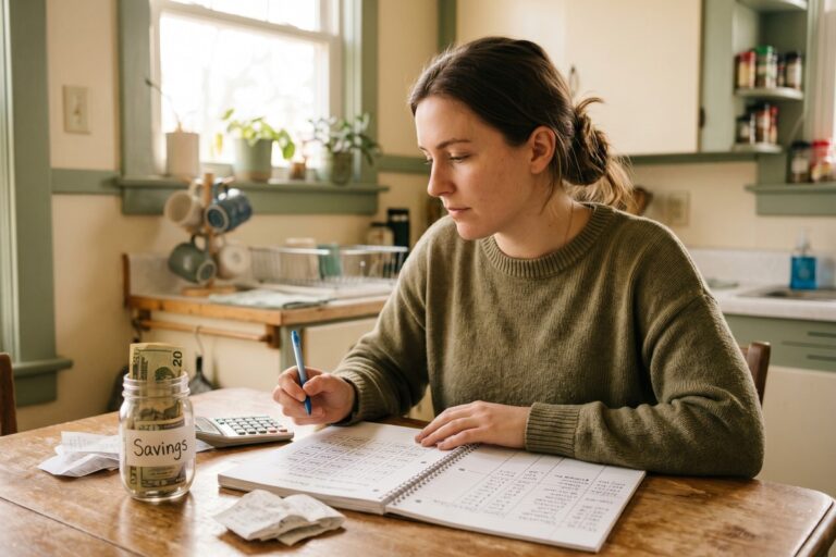 Person reviewing emergency fund alternatives and savings options on a laptop at a kitchen table