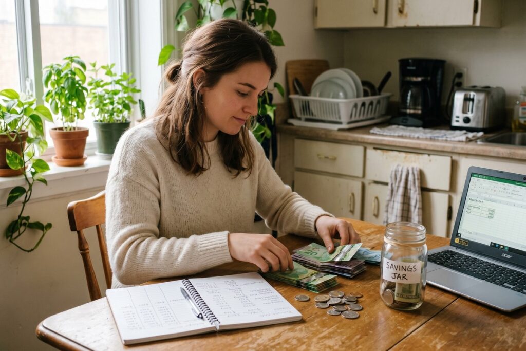 Person counting coins and bills while building an emergency fund on a minimum wage income