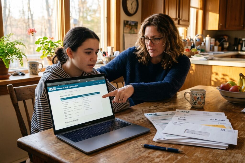 Student reviewing FAFSA dependency status changes on a laptop