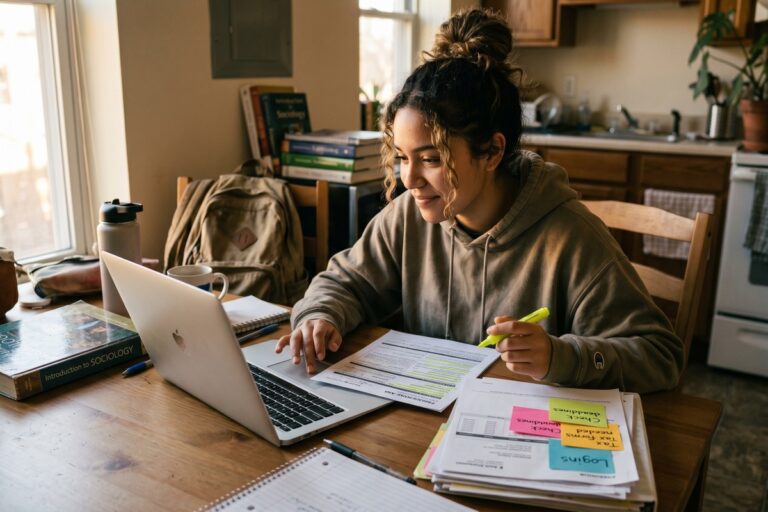 First-generation college student reviewing FAFSA form on laptop to avoid common financial aid mistakes