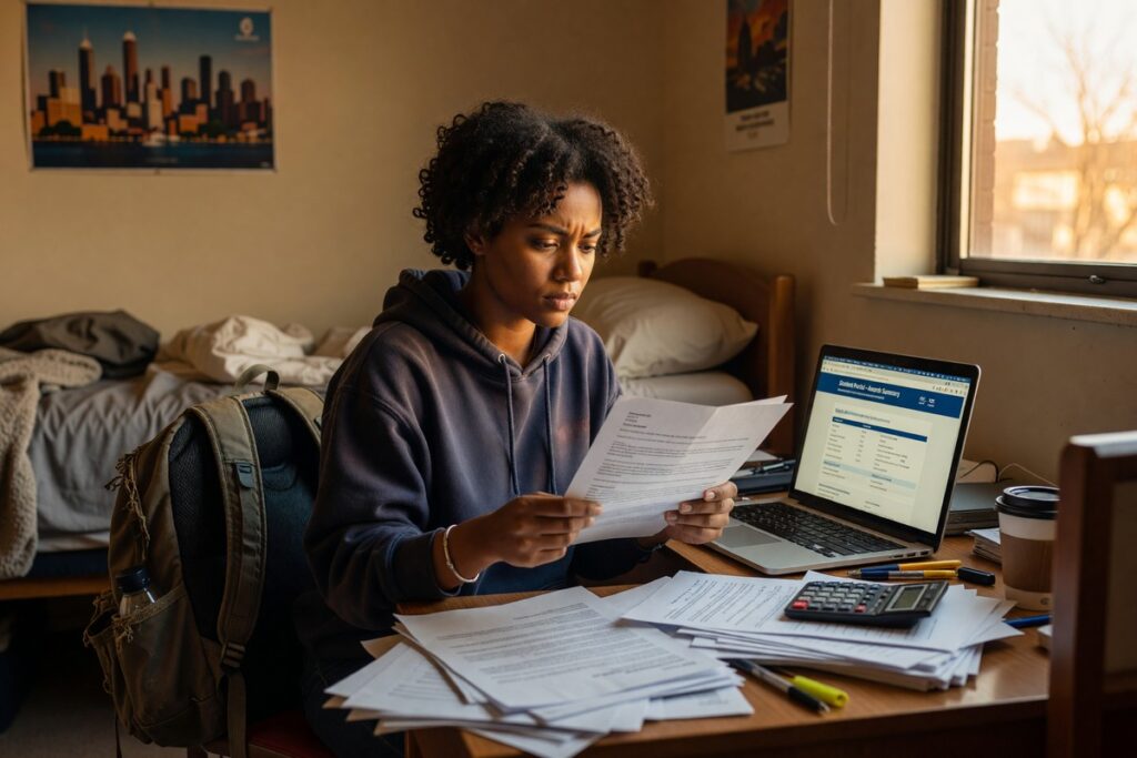 First-generation college student reviewing financial aid award letter at a desk