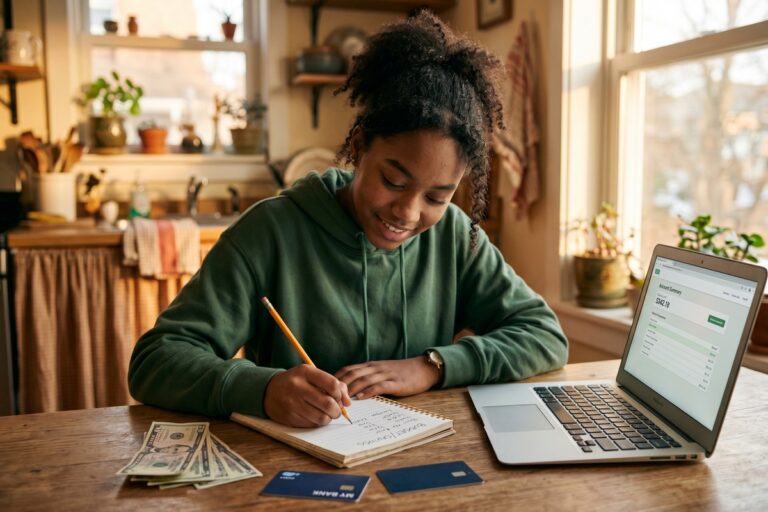 A teenage student sitting at a desk reviewing a personal budget worksheet with a calculator and notebook nearby