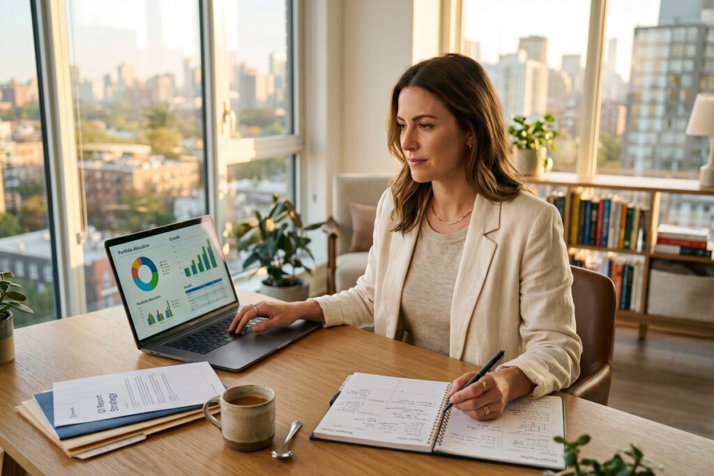 A person in their 30s reviewing financial documents and planning smart money moves at a desk