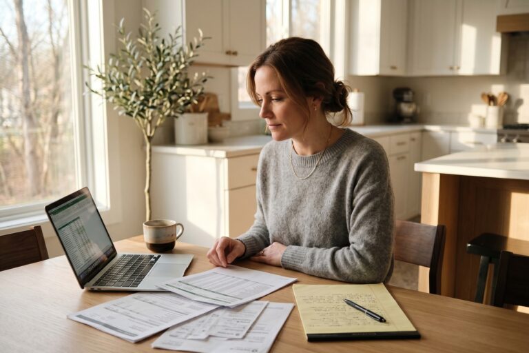 Person reviewing financial documents and budget plan after divorce