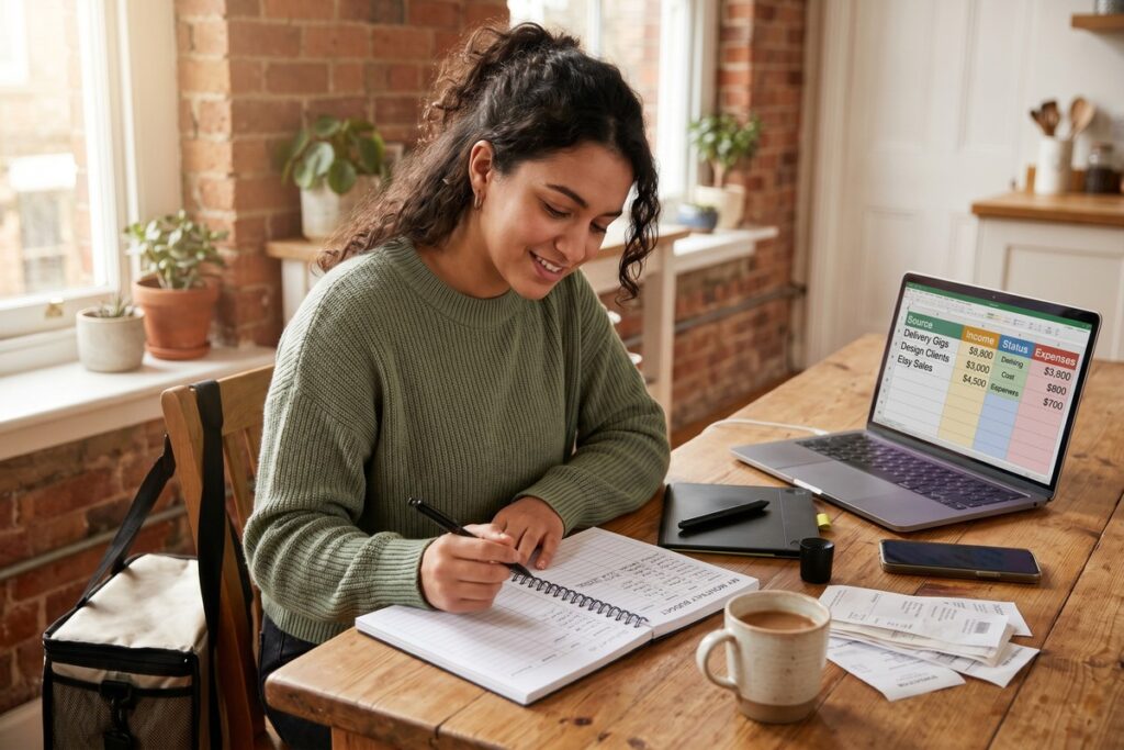 Gig worker reviewing financial planning budget on laptop to manage irregular income