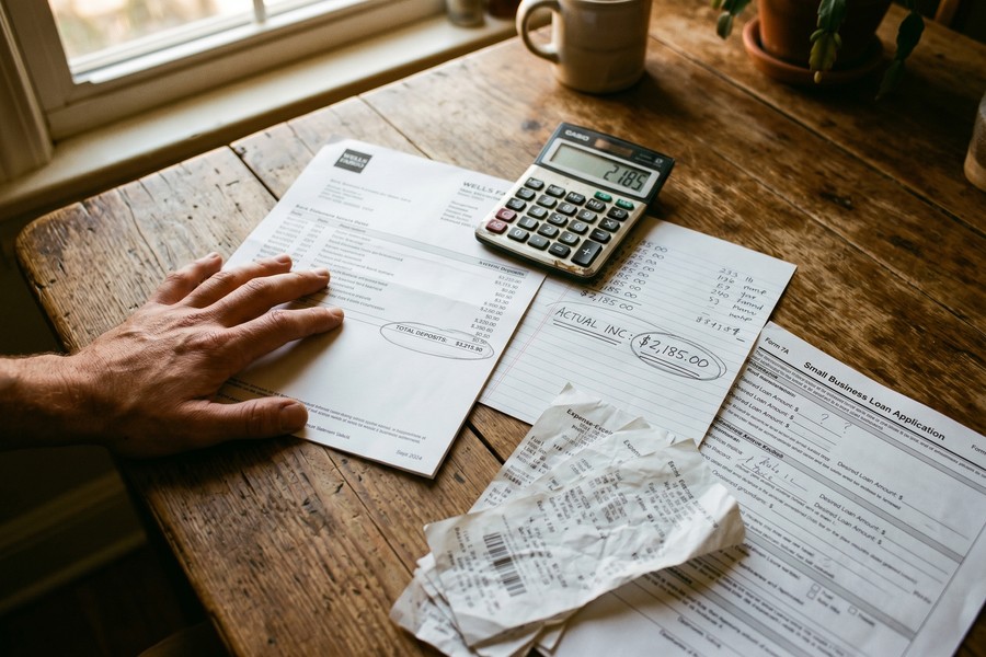 A document checklist laid flat showing gig worker loan application paperwork including tax returns, 1099 forms, and bank statements