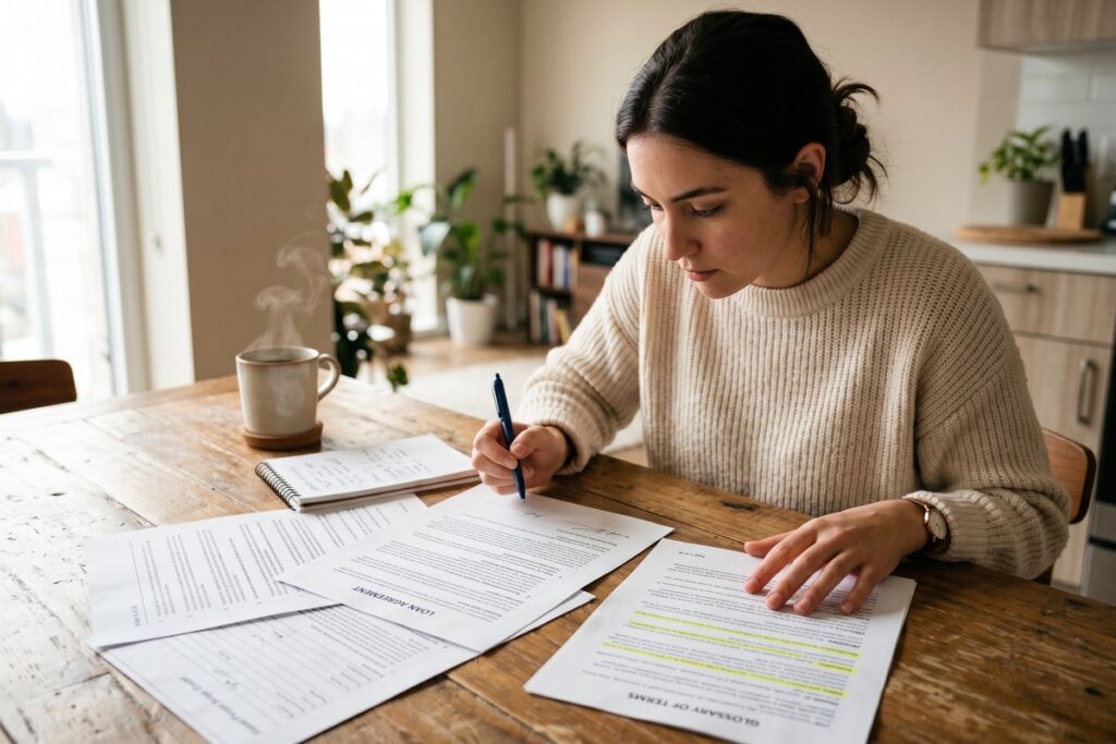 New borrower reviewing a loan contract and highlighting key financial terms before signing