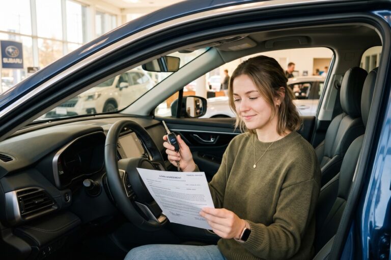 First-time car buyer signing auto loan paperwork at a dealership with no credit history