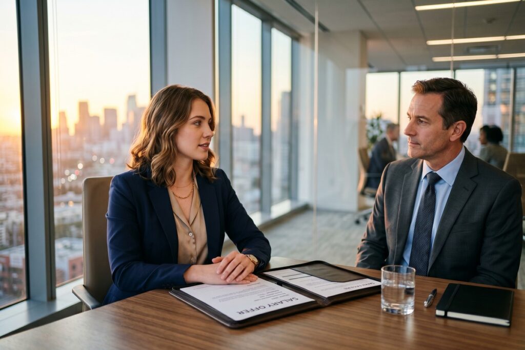 New graduate reviewing job offer letter while preparing for first salary negotiation
