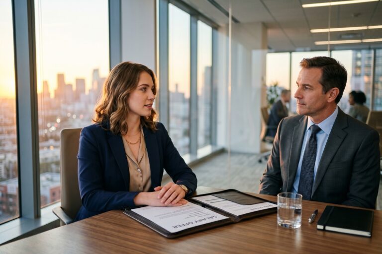 New graduate reviewing job offer letter while preparing for first salary negotiation