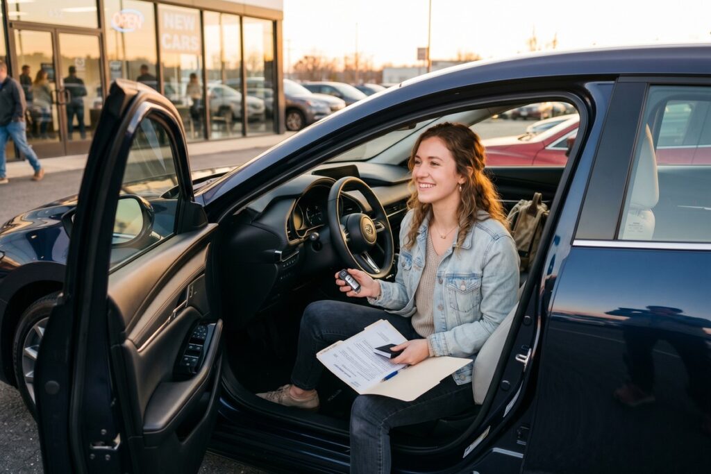 Happy first-time car buyer holding keys after getting approved for an auto loan despite student loan debt