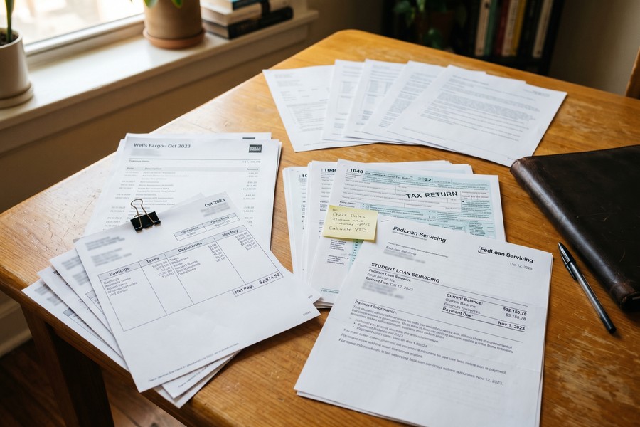 First-time car buyer reviewing pre-approval documents and student loan statements at a desk