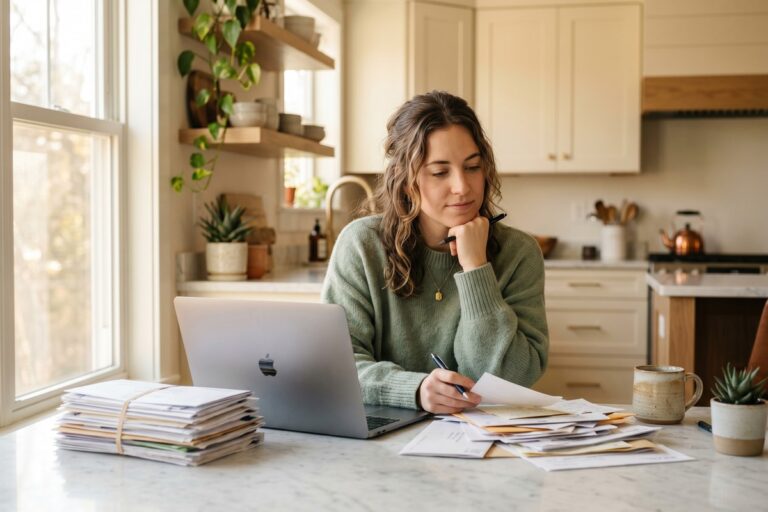 Person reviewing fixed vs variable expenses on a budget worksheet at a desk