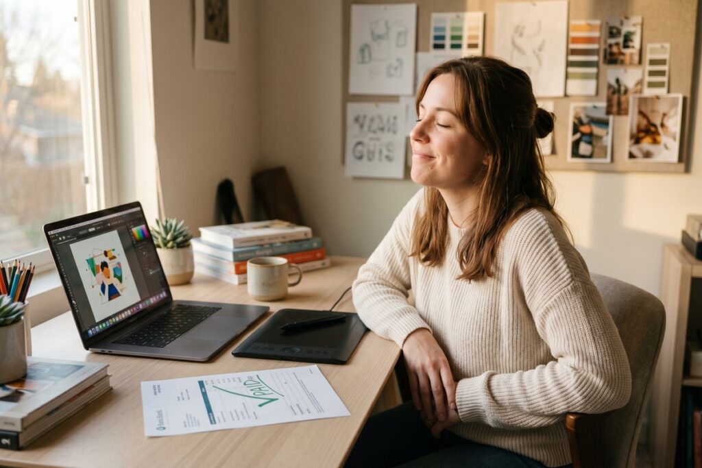 Freelance designer reviewing online loan options to pay off $22,000 in debt