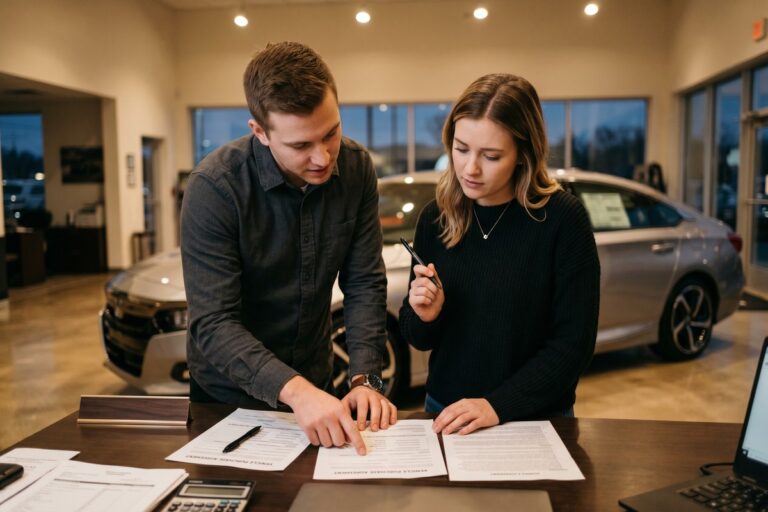 Driver reviewing gap insurance documents for an auto loan at a car dealership