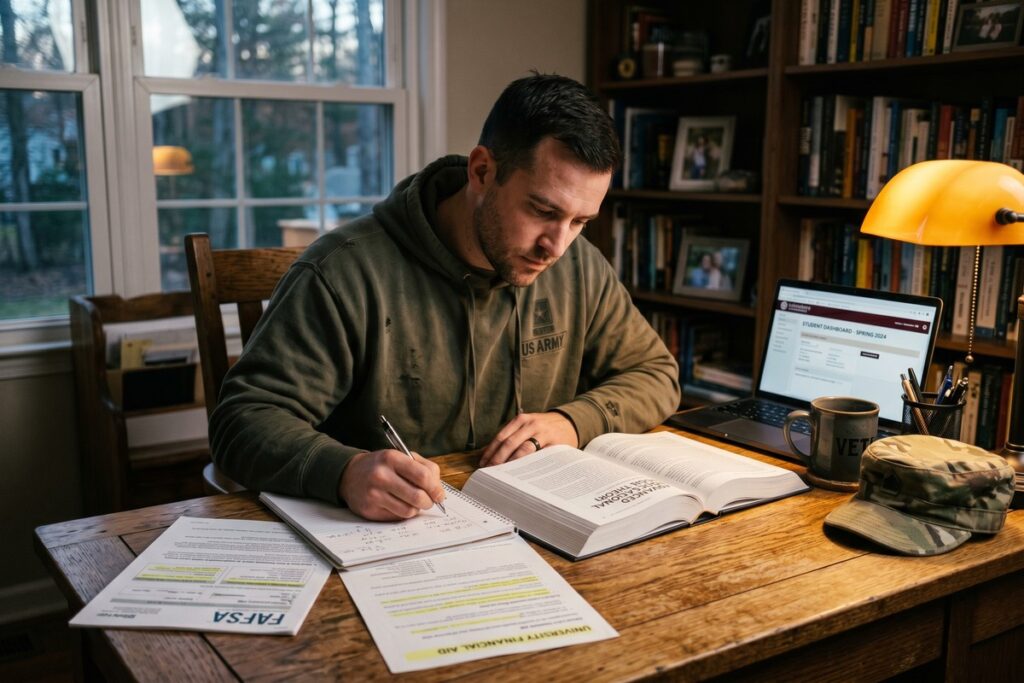 Veteran in graduation cap and gown holding diploma after using GI Bill and student loans to complete a master's degree