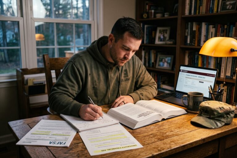 Veteran in graduation cap and gown holding diploma after using GI Bill and student loans to complete a master's degree