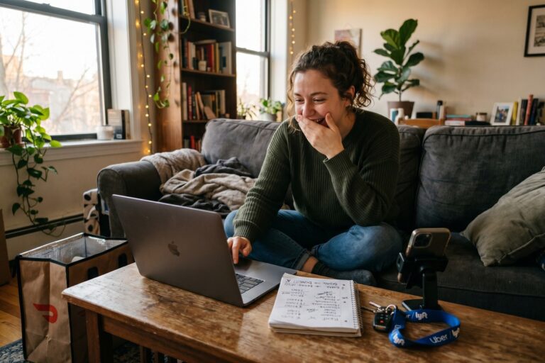 Gig worker reviewing debt payoff budget on laptop at home desk
