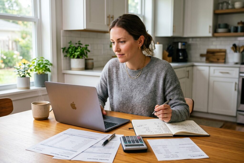 Person reviewing debt and income figures on a calculator and paper worksheet to calculate their debt-to-income ratio