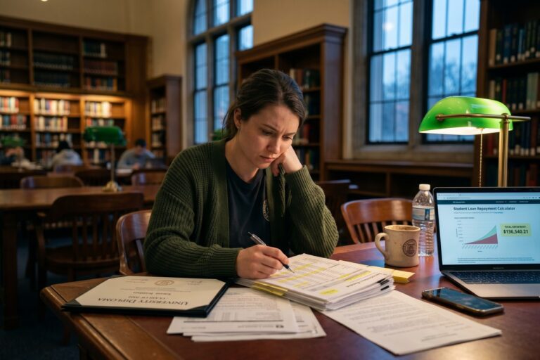 Graduate student reviewing grad school total loan cost breakdown with interest calculations on a laptop
