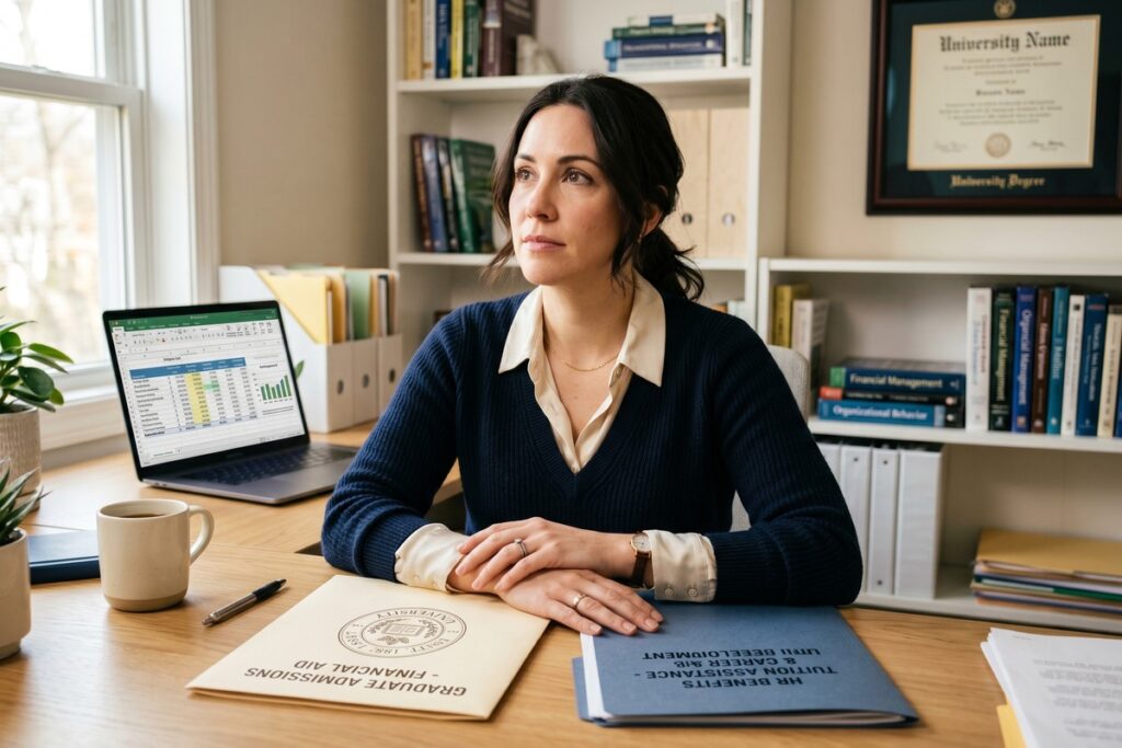 Graduate student comparing loan documents and employer tuition reimbursement offer at a desk