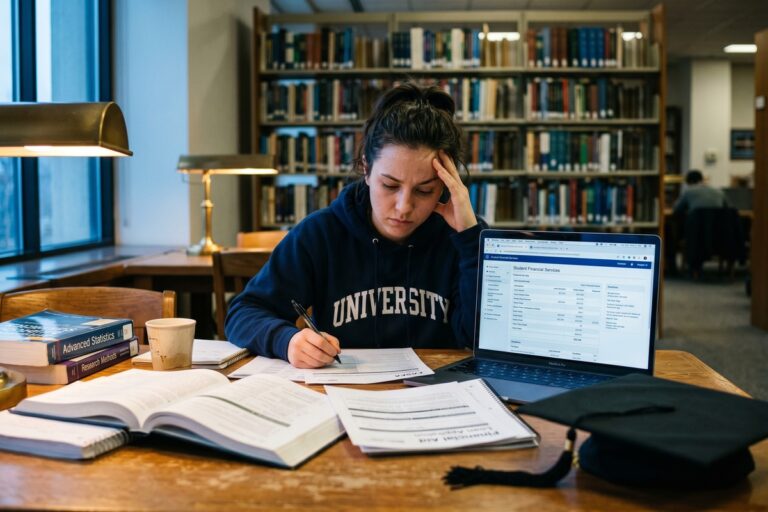 Graduate student reviewing federal loan documents and repayment options at a desk