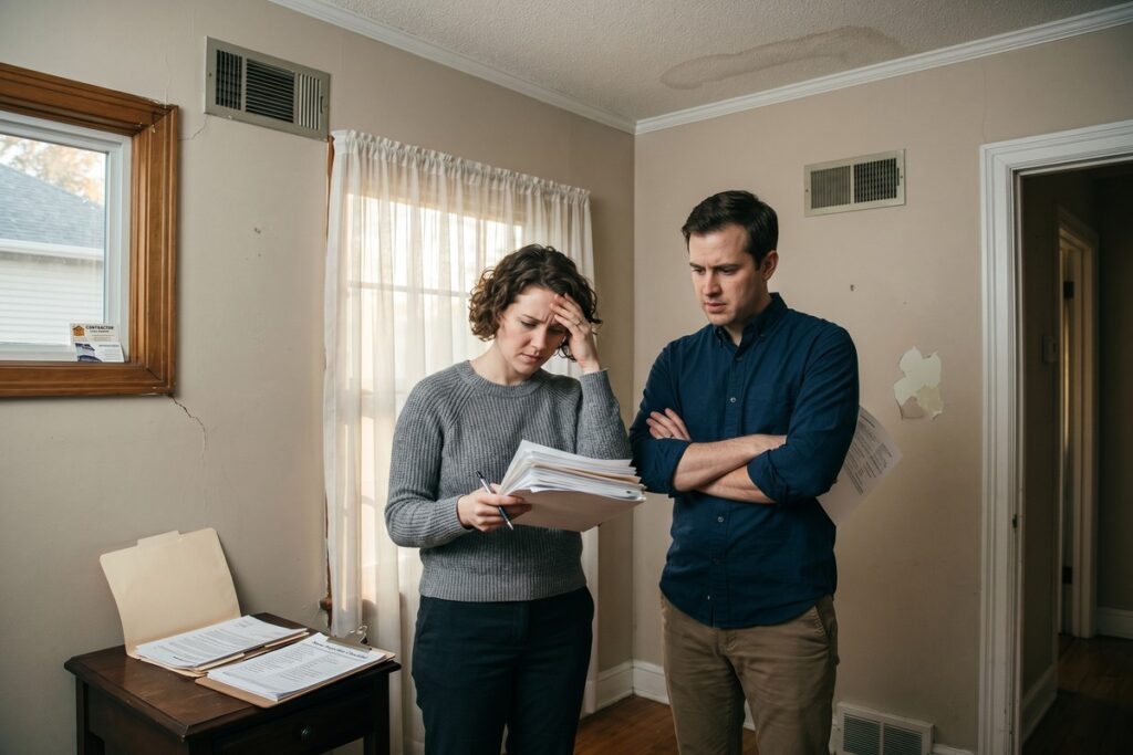 First-time home buyer reviewing hidden costs and expenses on a clipboard next to a model house