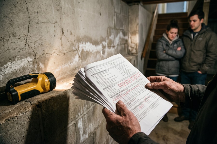 First-time home buyer reviewing inspection report with real estate agent