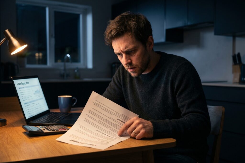Borrower reviewing hidden fees in online loan agreement on laptop
