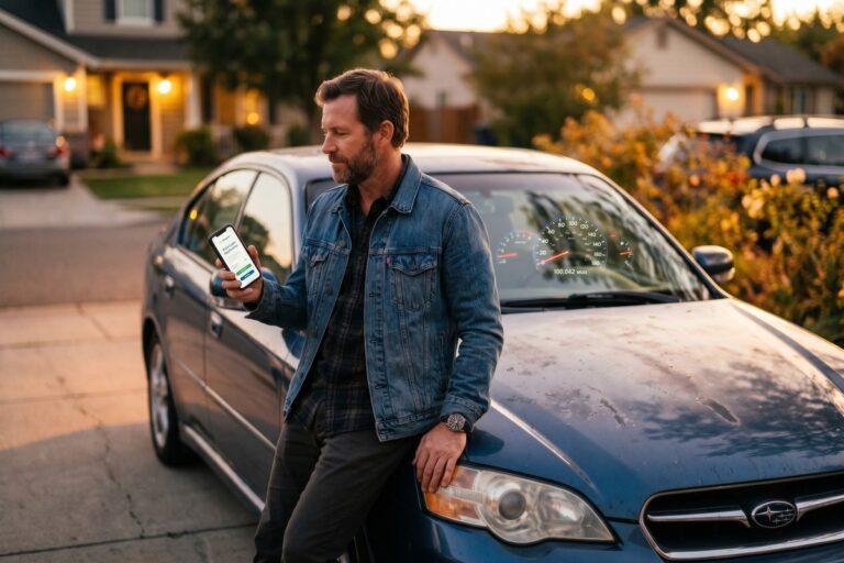 Person reviewing high mileage car loan options on a laptop next to a used vehicle with over 100K miles on the odometer