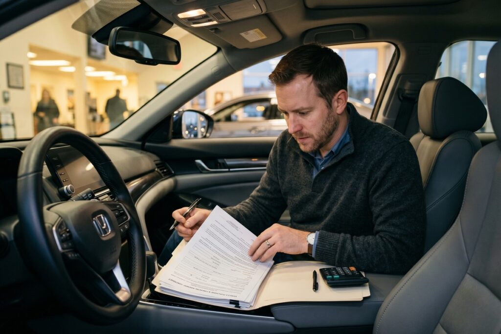Person reviewing auto loan interest calculations and total cost breakdown on a laptop