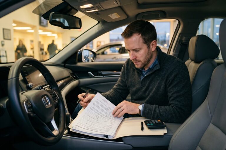Person reviewing auto loan interest calculations and total cost breakdown on a laptop