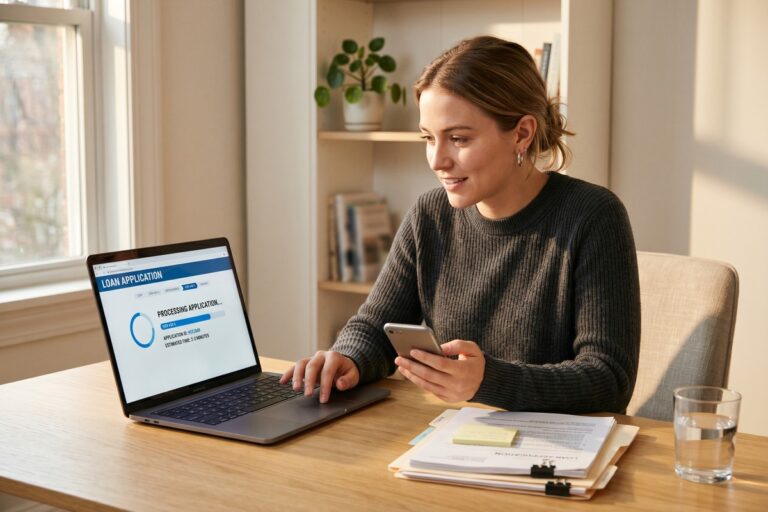 Person checking phone for bank deposit notification after online loan approval
