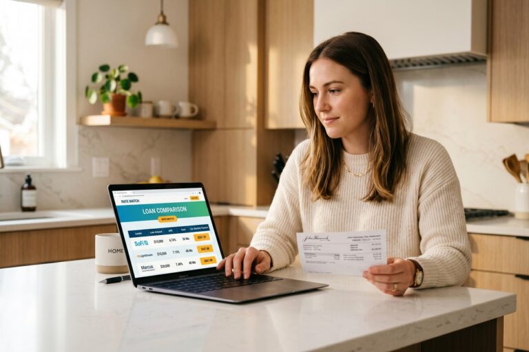Person calculating how much they can borrow online with a $45,000 annual income on a laptop