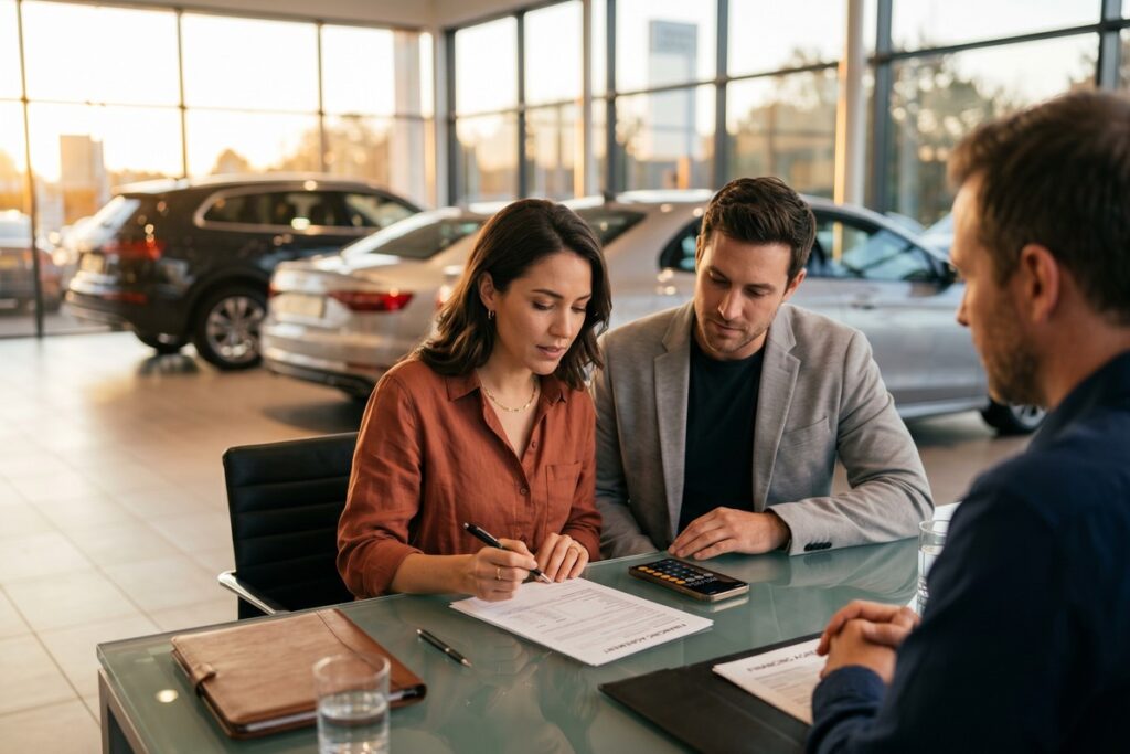Person reviewing car loan budget and affordability worksheet at a desk