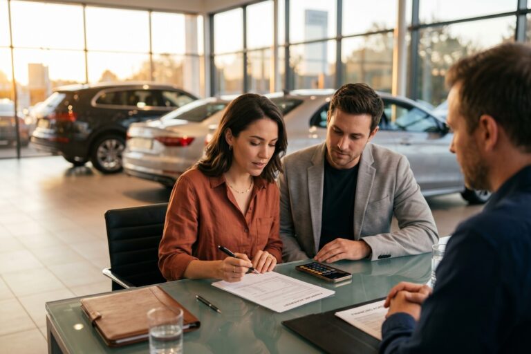 Person reviewing car loan budget and affordability worksheet at a desk