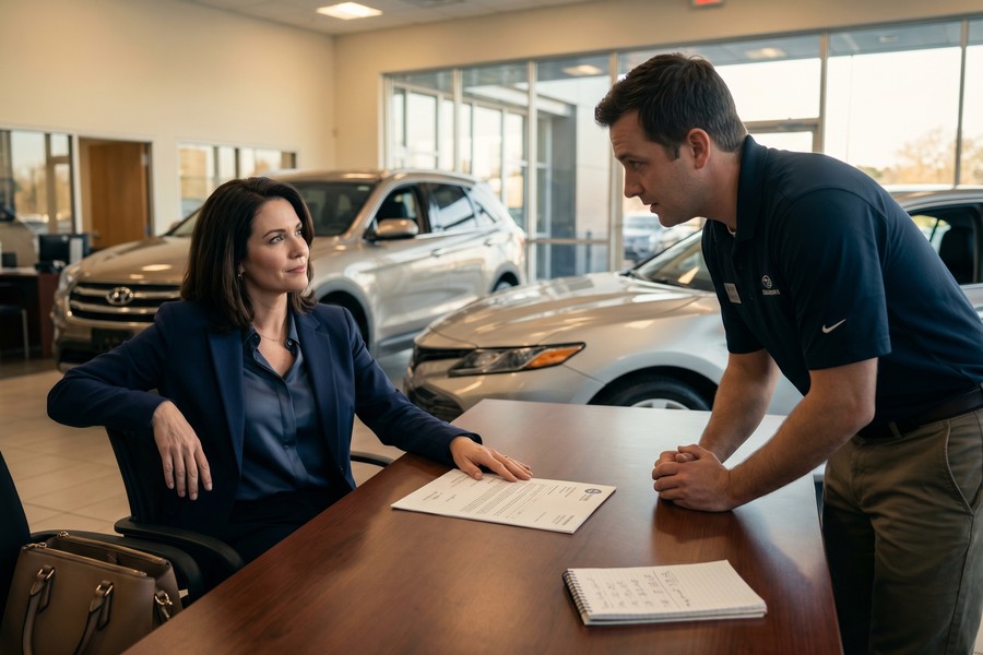 A borrower reviewing auto loan pre-approval documents before visiting a car dealership