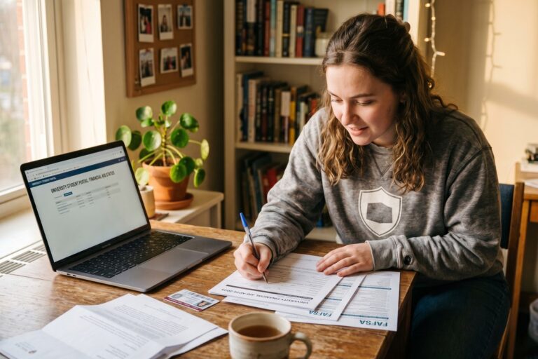 First-time student filling out a student loan application on a laptop
