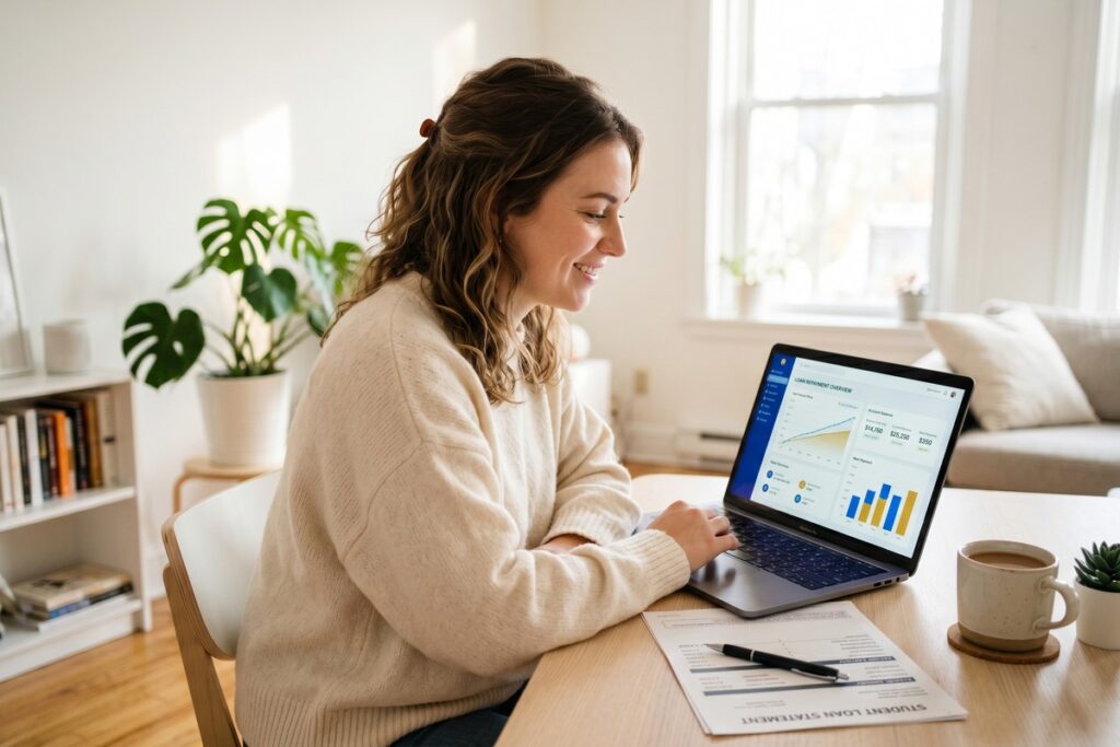 Person reviewing student loan documents and calculating ways to lower monthly payment