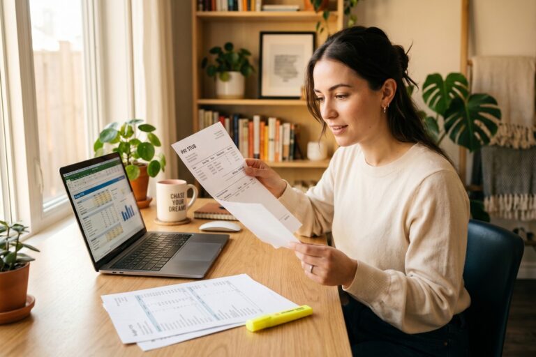 Beginner reviewing a pay stub to understand gross pay, deductions, and net pay line items