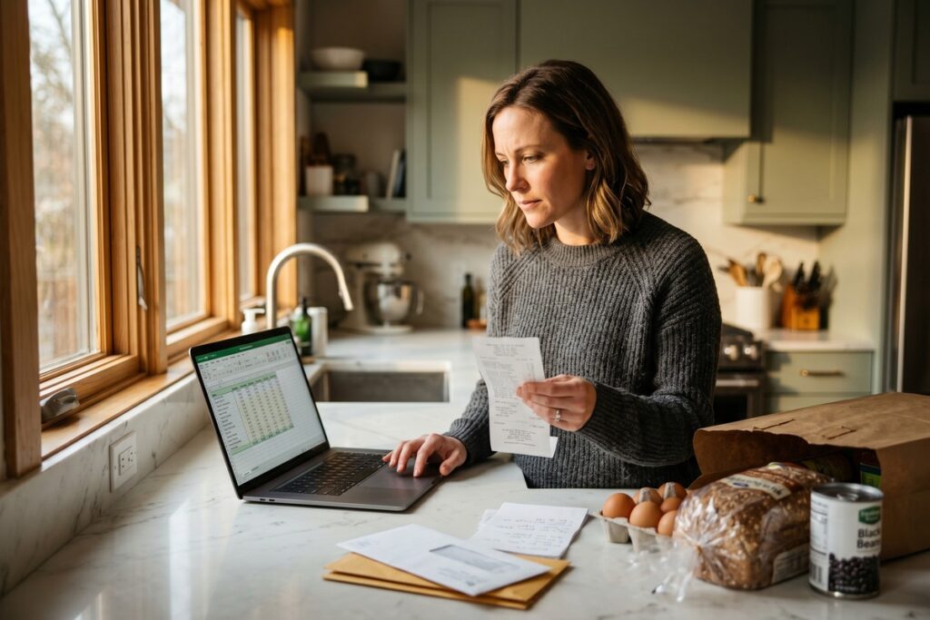 A person reviewing a household budget spreadsheet with rising grocery and energy expense line items highlighted