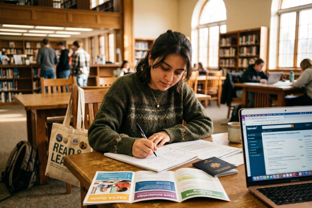 International student reviewing loan documents at a US community college campus