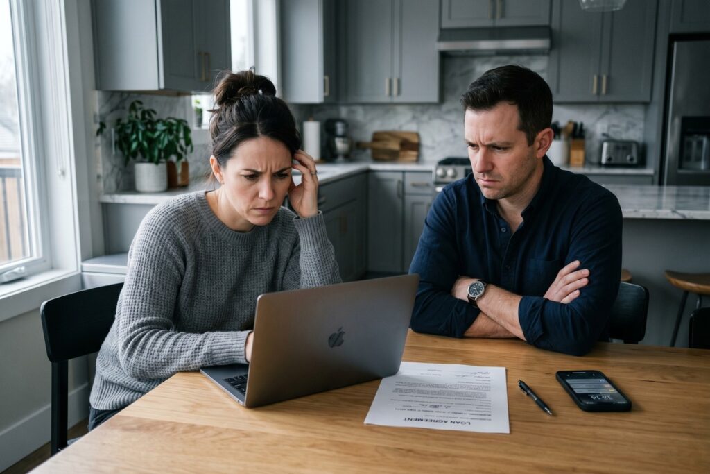 Two people reviewing a joint online loan application on a laptop with a caution sign overlay
