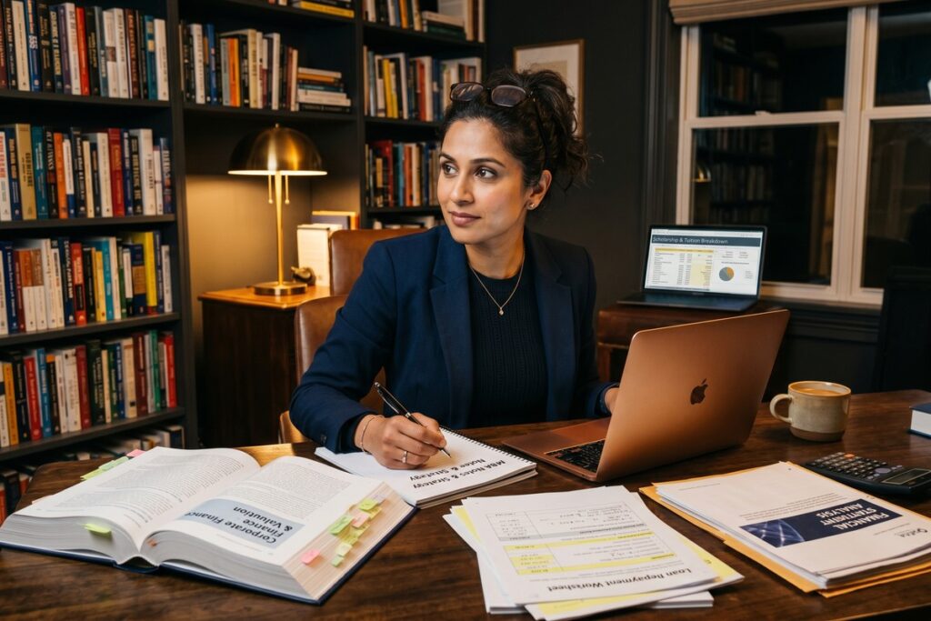 Mid-career professional reviewing MBA student loan debt repayment options at a desk